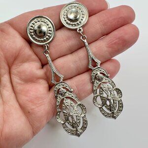 Vintage Earrings, Art Deco Style, Long, Silver, Clip Ons, 3", Ornate, Filigree